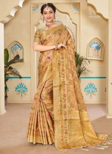 Golden Colour Sangam Avantika New Latest Printed Designer Party Wear Organza Saree Collection 1124